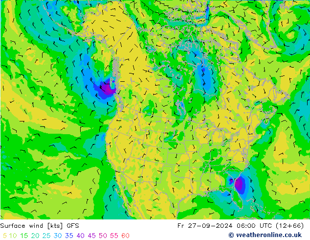 Vento 10 m GFS ven 27.09.2024 06 UTC