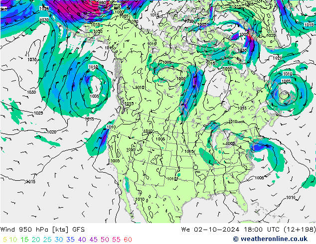 Viento 950 hPa GFS mié 02.10.2024 18 UTC