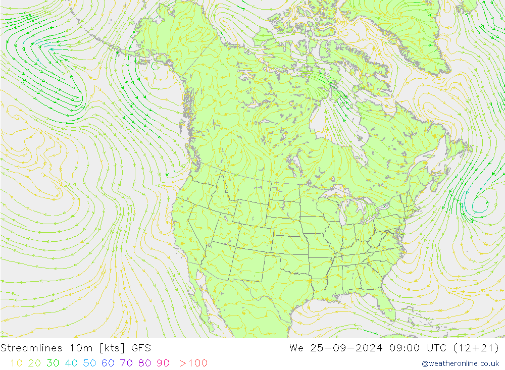 Linia prądu 10m GFS śro. 25.09.2024 09 UTC