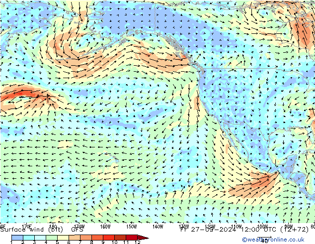 Viento 10 m (bft) GFS vie 27.09.2024 12 UTC