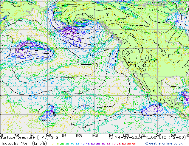 Isotachs (kph) GFS вт 24.09.2024 12 UTC