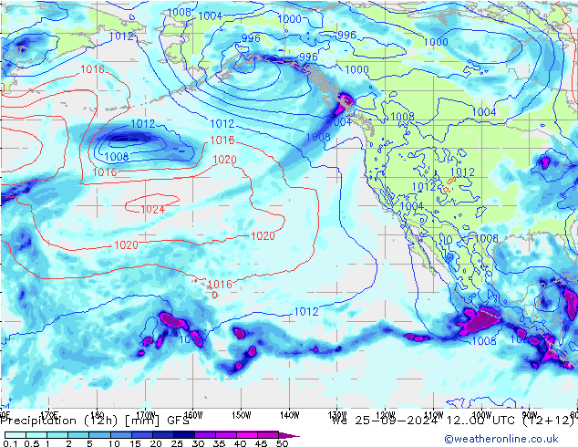 Precipitation (12h) GFS We 25.09.2024 00 UTC