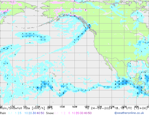 Rain/Snowfall rate GFS Út 24.09.2024 18 UTC