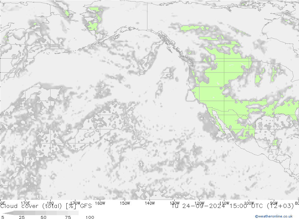 Cloud cover (total) GFS Út 24.09.2024 15 UTC