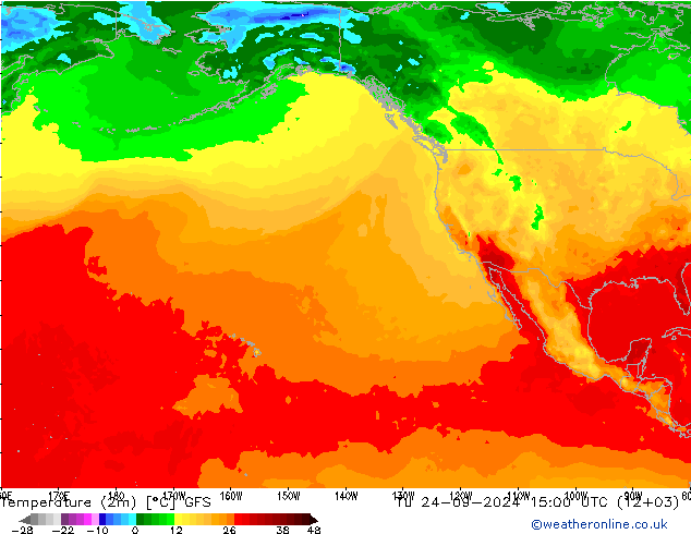 mapa temperatury (2m) GFS wto. 24.09.2024 15 UTC