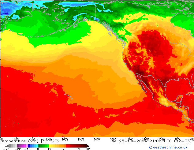 Temperatura (2m) GFS mié 25.09.2024 21 UTC