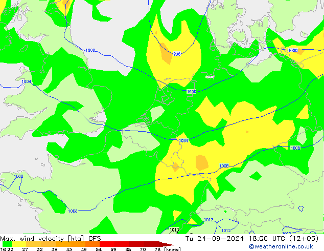 Max. wind velocity GFS вт 24.09.2024 18 UTC