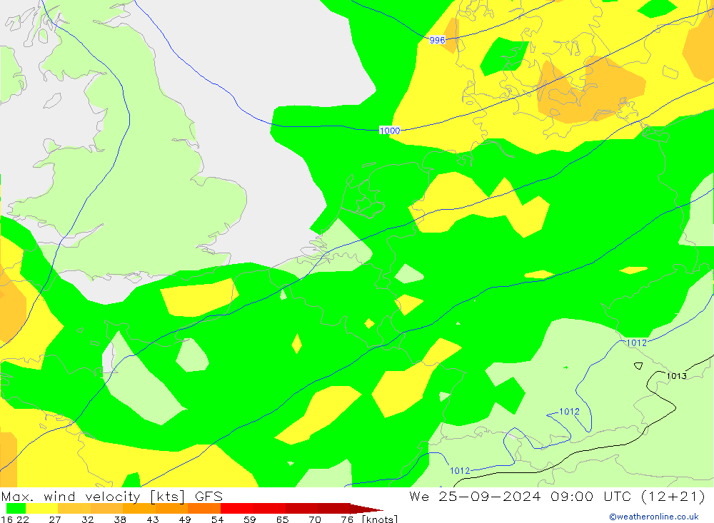 Max. wind velocity GFS We 25.09.2024 09 UTC