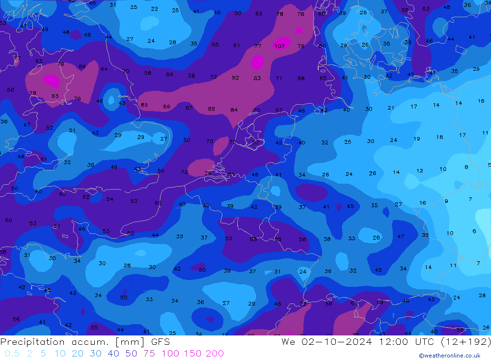 Toplam Yağış GFS Çar 02.10.2024 12 UTC