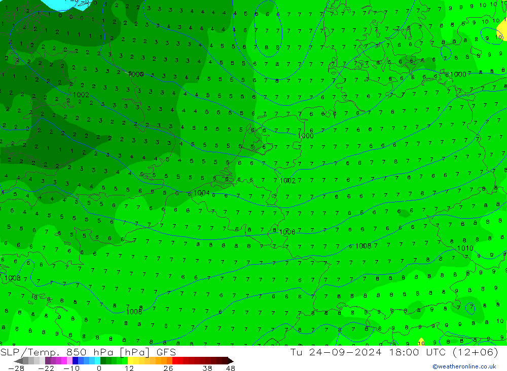 SLP/Temp. 850 hPa GFS mar 24.09.2024 18 UTC