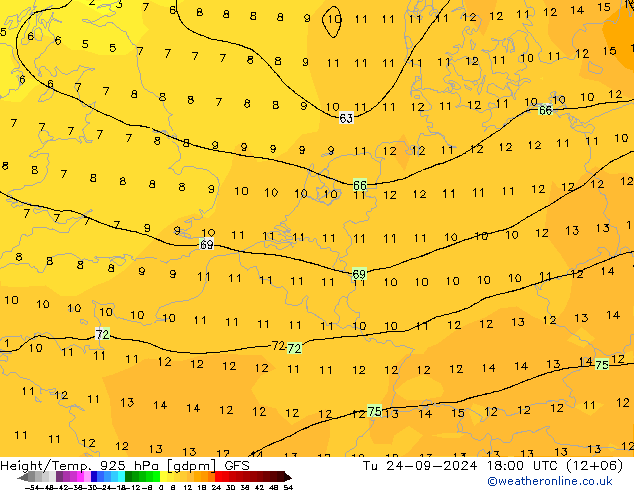 Hoogte/Temp. 925 hPa GFS di 24.09.2024 18 UTC