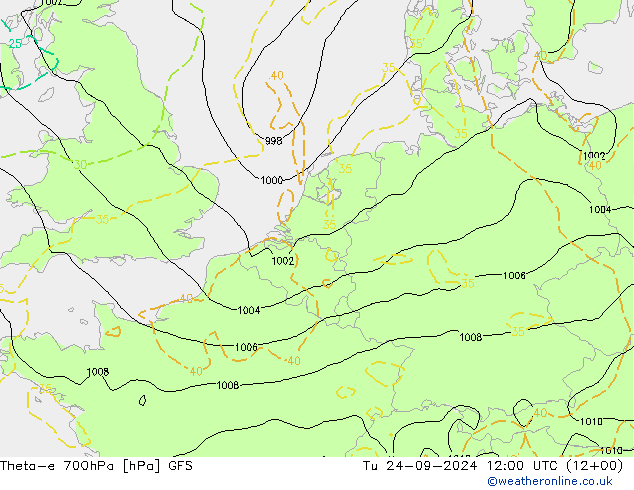 Theta-e 700hPa GFS Tu 24.09.2024 12 UTC