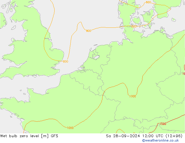 Wet bulb zero level GFS Sa 28.09.2024 12 UTC