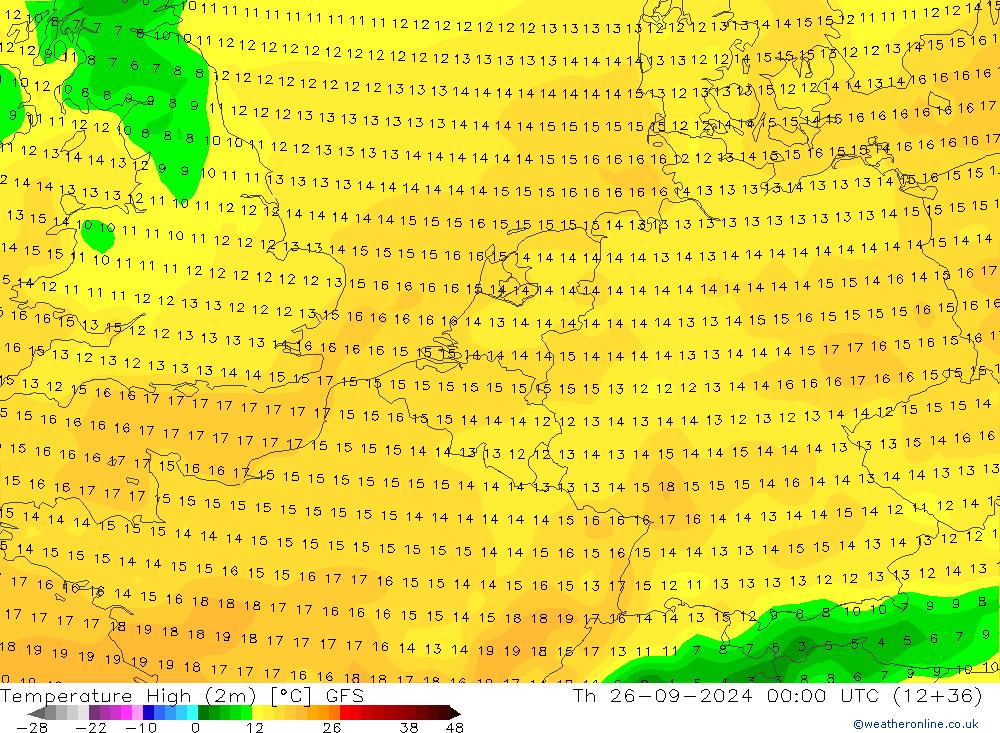 Temperature High (2m) GFS Th 26.09.2024 00 UTC