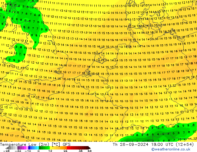 Temperature Low (2m) GFS Th 26.09.2024 18 UTC