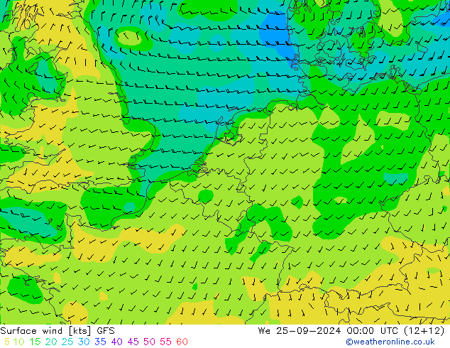 Viento 10 m GFS mié 25.09.2024 00 UTC