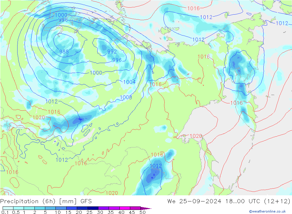 Precipitation (6h) GFS We 25.09.2024 00 UTC