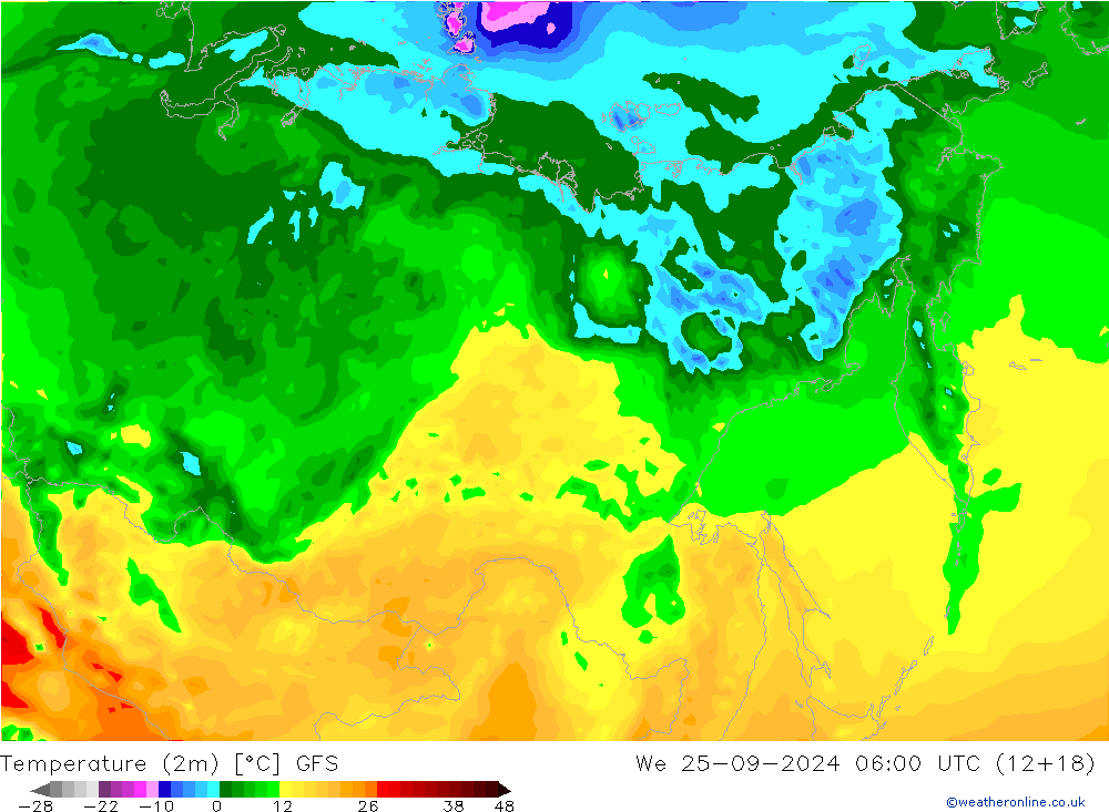 Temperatura (2m) GFS mié 25.09.2024 06 UTC