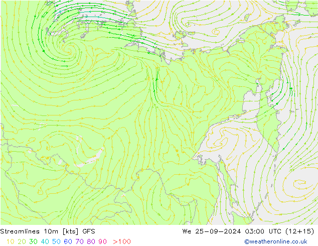 Streamlines 10m GFS We 25.09.2024 03 UTC