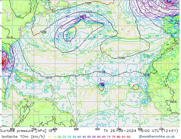 Isotachs (kph) GFS Th 26.09.2024 15 UTC