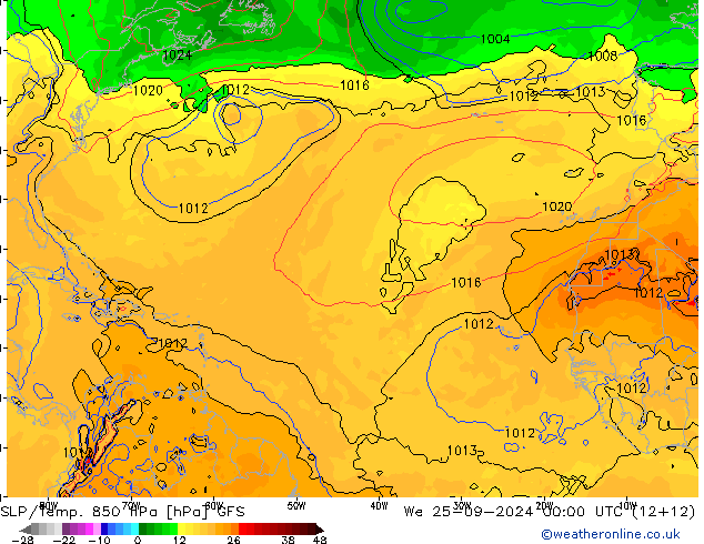 SLP/Temp. 850 hPa GFS śro. 25.09.2024 00 UTC