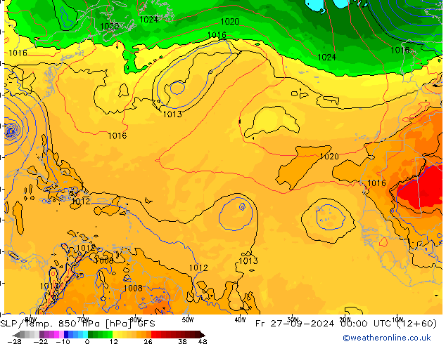 SLP/Temp. 850 hPa GFS Sex 27.09.2024 00 UTC