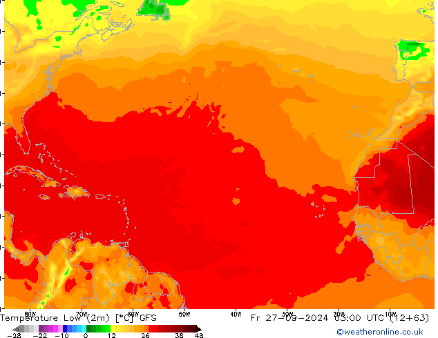 Temperature Low (2m) GFS Fr 27.09.2024 03 UTC