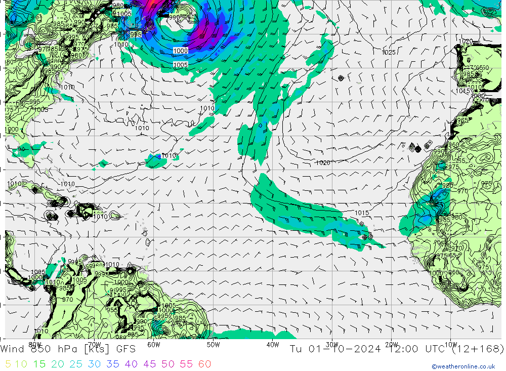 Wind 850 hPa GFS Tu 01.10.2024 12 UTC