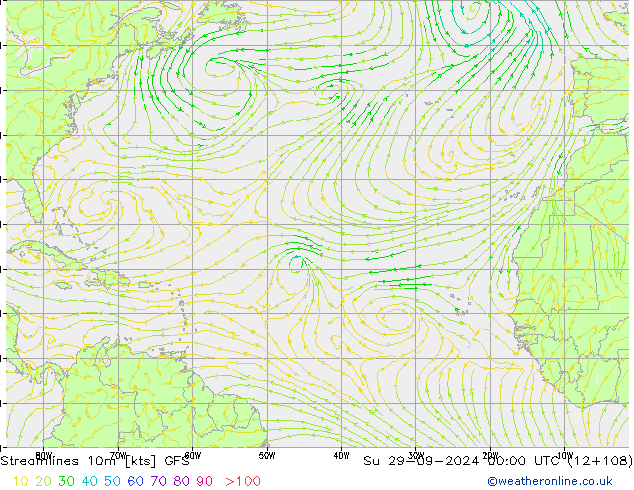 Linea di flusso 10m GFS dom 29.09.2024 00 UTC