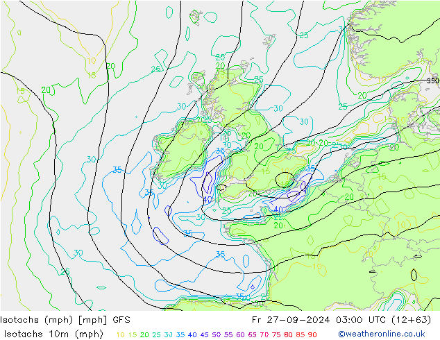 Isotachs (mph) GFS Fr 27.09.2024 03 UTC