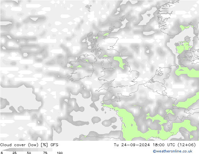 Cloud cover (low) GFS Tu 24.09.2024 18 UTC