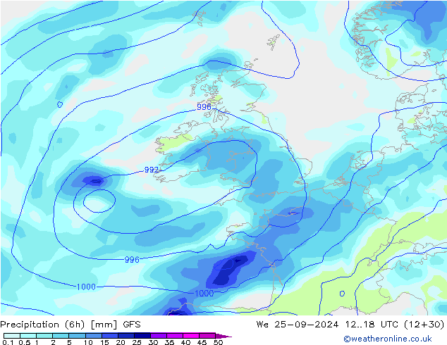 Precipitation (6h) GFS We 25.09.2024 18 UTC