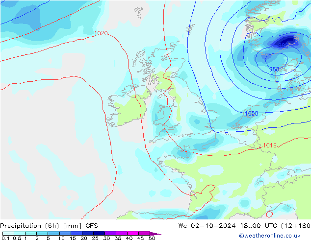 Precipitación (6h) GFS mié 02.10.2024 00 UTC