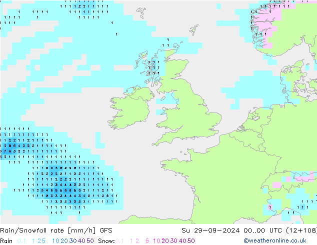 Rain/Snowfall rate GFS dim 29.09.2024 00 UTC