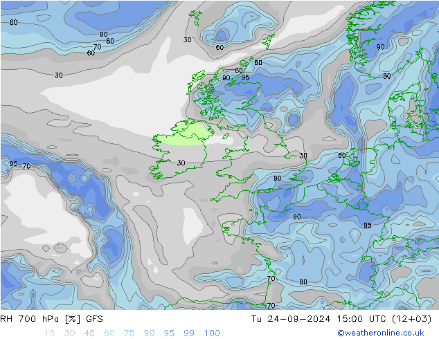 RH 700 hPa GFS Tu 24.09.2024 15 UTC