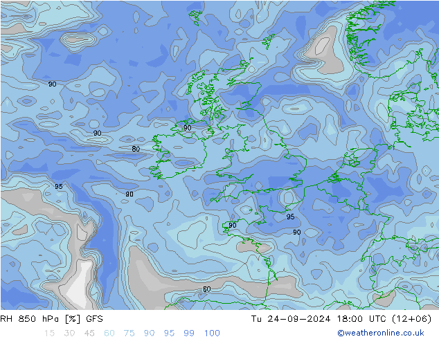 RH 850 hPa GFS Tu 24.09.2024 18 UTC