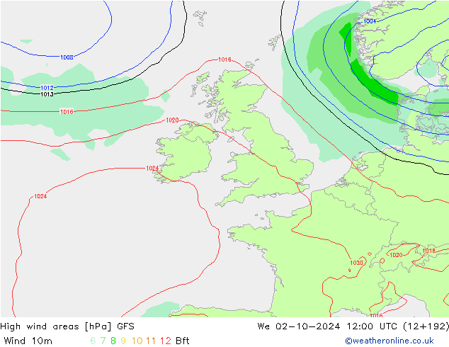 High wind areas GFS mer 02.10.2024 12 UTC