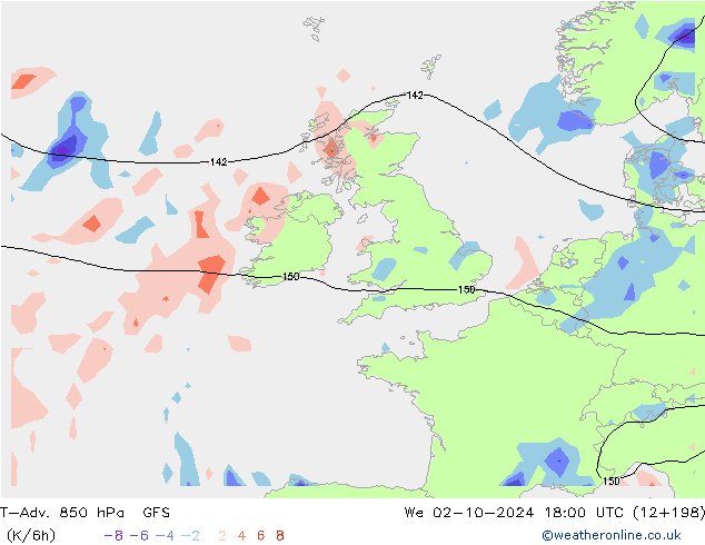 T-Adv. 850 hPa GFS śro. 02.10.2024 18 UTC