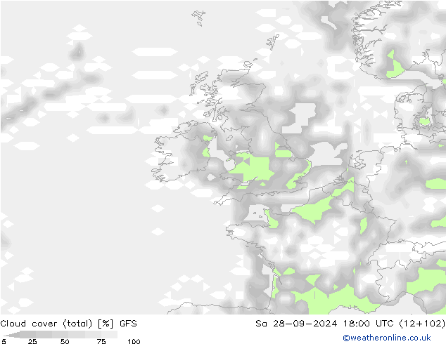 Cloud cover (total) GFS Sa 28.09.2024 18 UTC