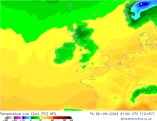 Temperature Low (2m) GFS Th 26.09.2024 21 UTC