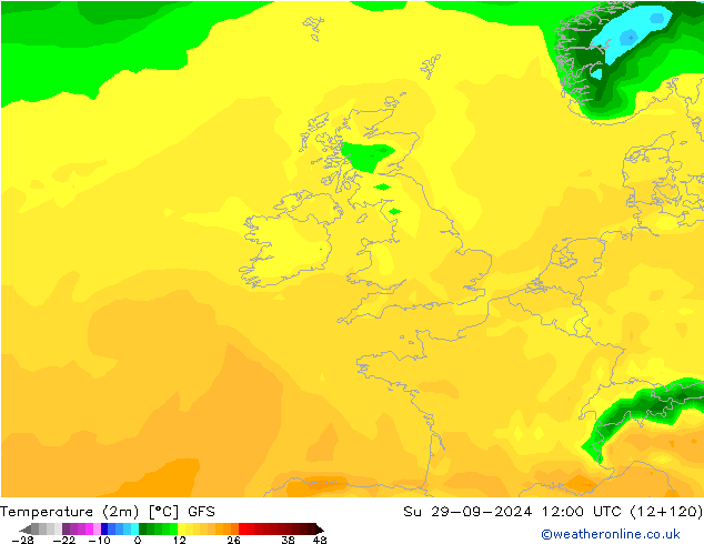 mapa temperatury (2m) GFS nie. 29.09.2024 12 UTC