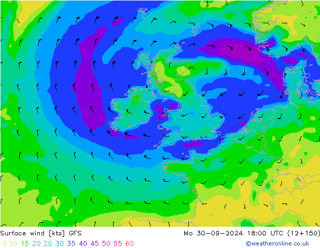 ветер 10 m GFS пн 30.09.2024 18 UTC