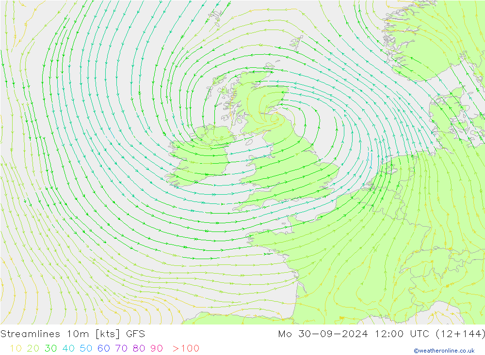 Ligne de courant 10m GFS lun 30.09.2024 12 UTC