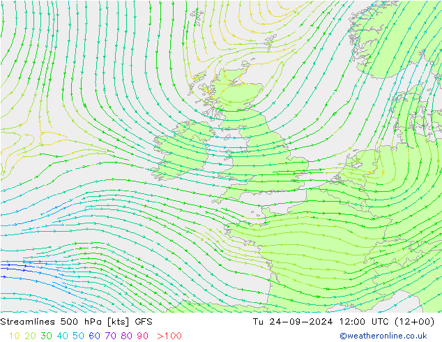 Ligne de courant 500 hPa GFS mar 24.09.2024 12 UTC