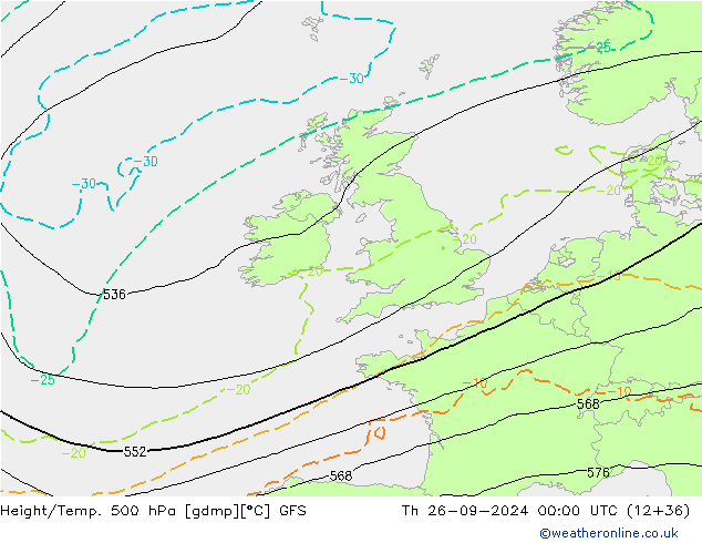 Height/Temp. 500 hPa GFS gio 26.09.2024 00 UTC