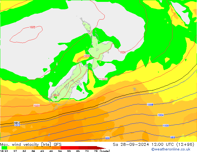 Max. wind velocity GFS сб 28.09.2024 12 UTC