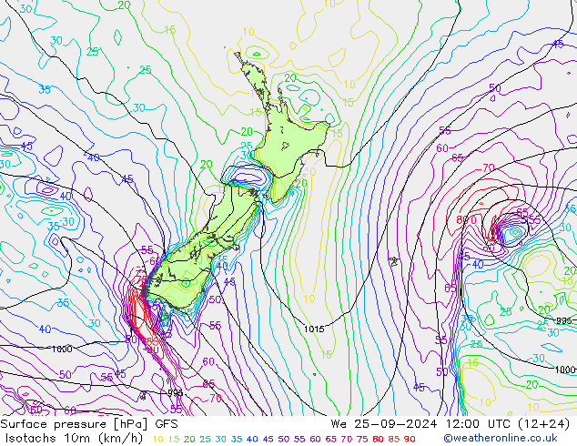 Isotachs (kph) GFS mer 25.09.2024 12 UTC