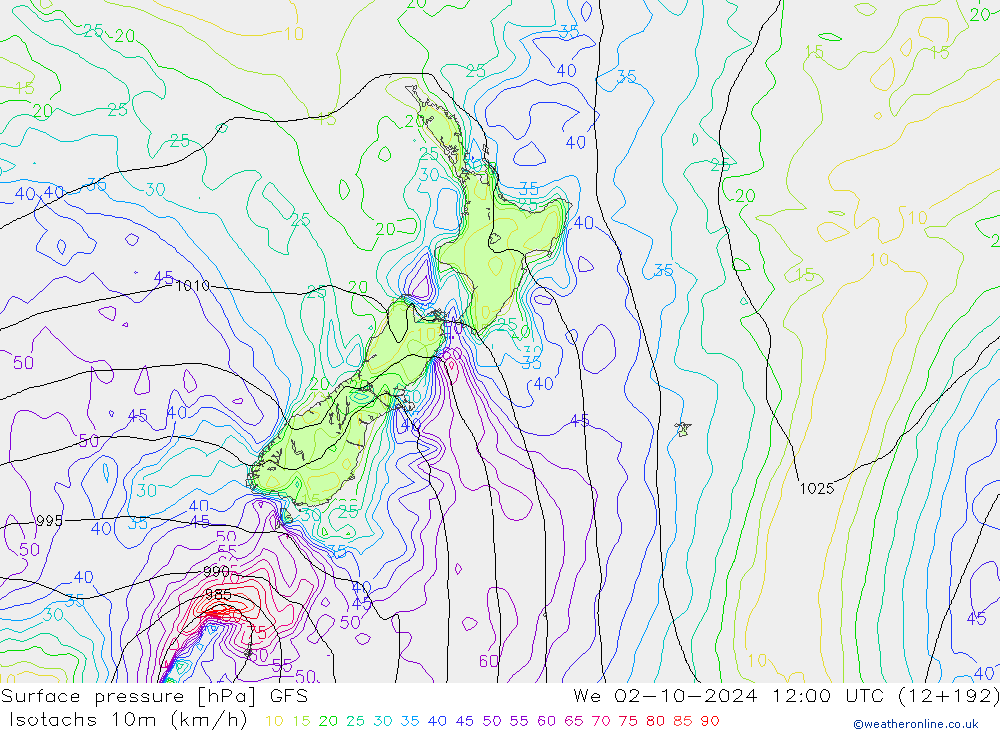 Isotachs (kph) GFS We 02.10.2024 12 UTC