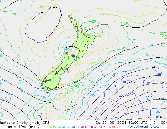 Isotachs (mph) GFS Su 29.09.2024 12 UTC