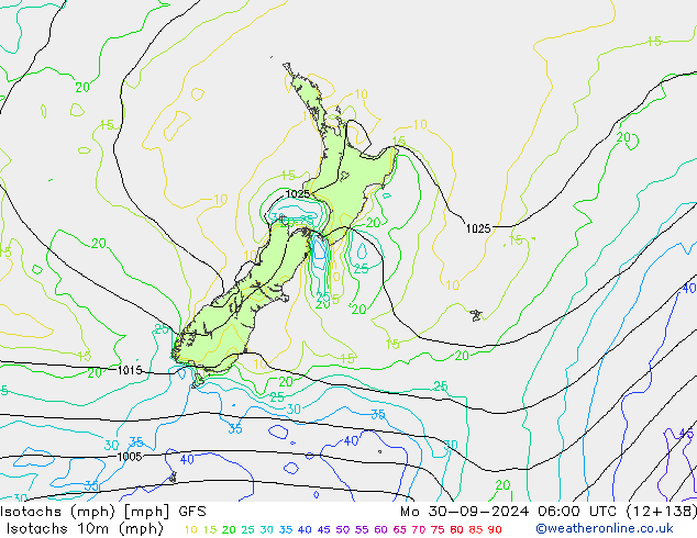 Isotachs (mph) GFS Mo 30.09.2024 06 UTC